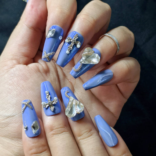 Handmade Royal Blue - Luxurious Rhinestone Nail Art Set - Luwanery